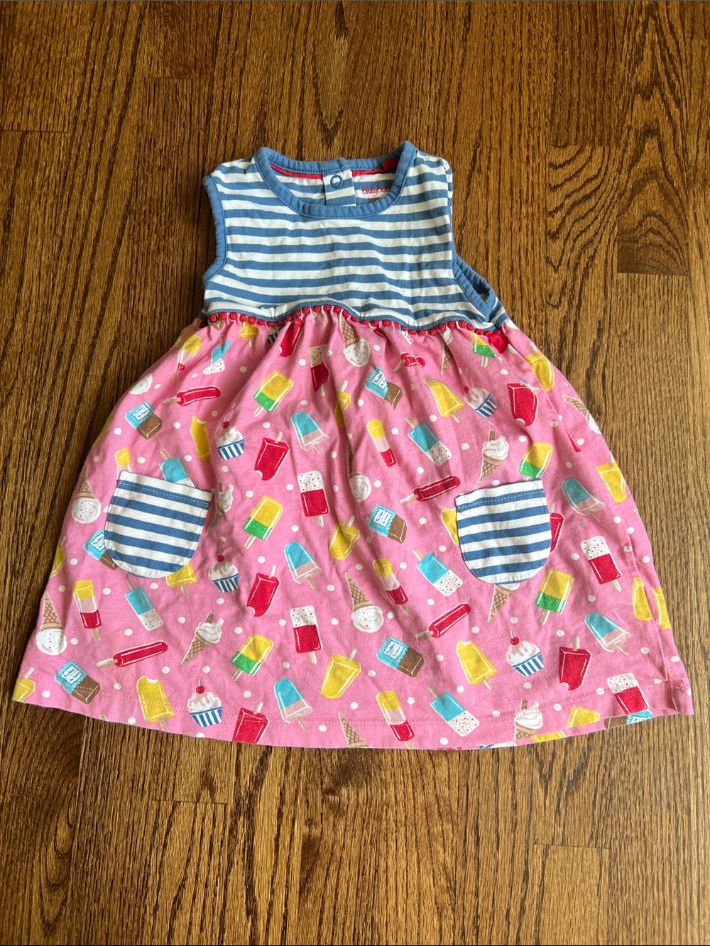 Baby Boden Pink Ice Cream & Popsicle Print Dress with Blue Striped Bodice